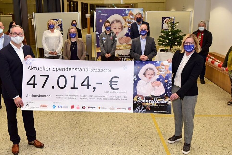 GLÜCKLICH ÜBER DIE HOHE SPENDENBEREITSCHAFT: Zusammen mit den Aktionspartnern freute sich „Schneeflocke“-Schirmherrin Barbara Ilg (vorne rechts) über den aktuellen Spendenstand von über 47 000 Euro.